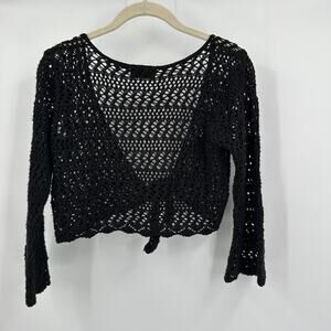 Its Our Time Women Black Crochet Tie Front Top Sz M Festival Hippie Boho Cropped